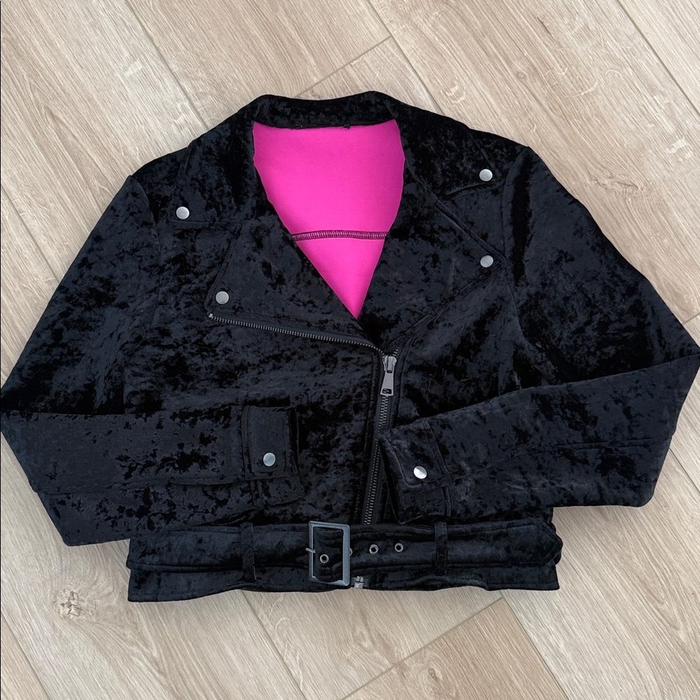 Black Velvet Women's Jacket with Pink Lining and Removable Belt